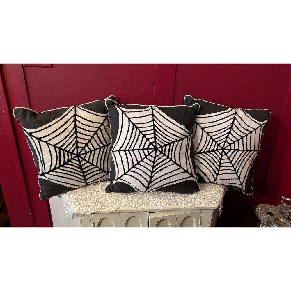 Set Of 4 Spider Web Punk Goth Halloween Black Decor Throw Pillows 16